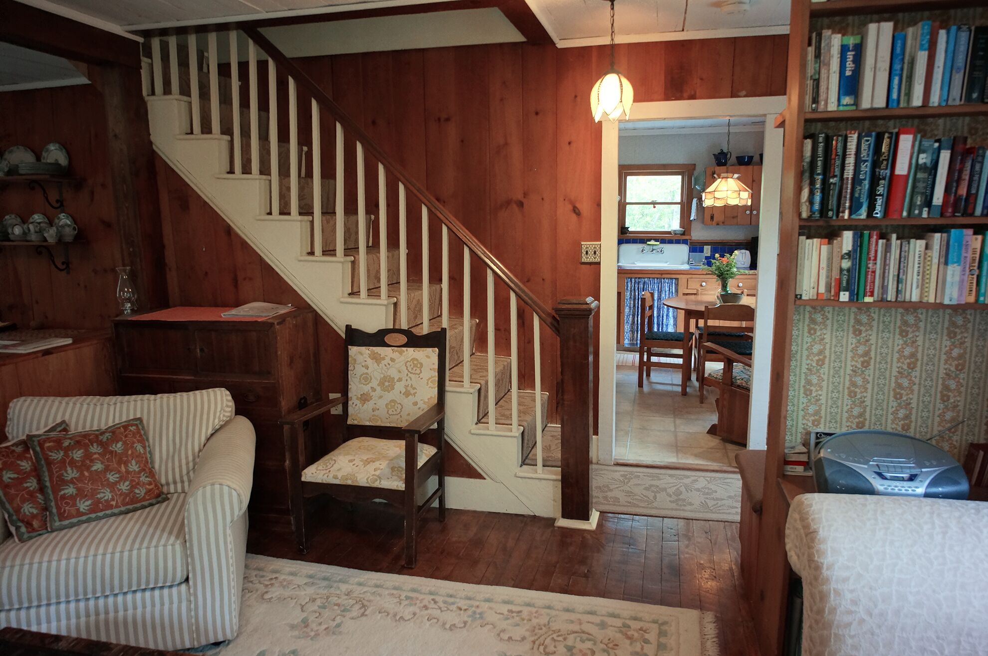 Télévision, cheminée, lecteur de DVD, livres