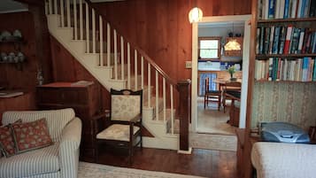 Télévision, cheminée, lecteur de DVD, livres