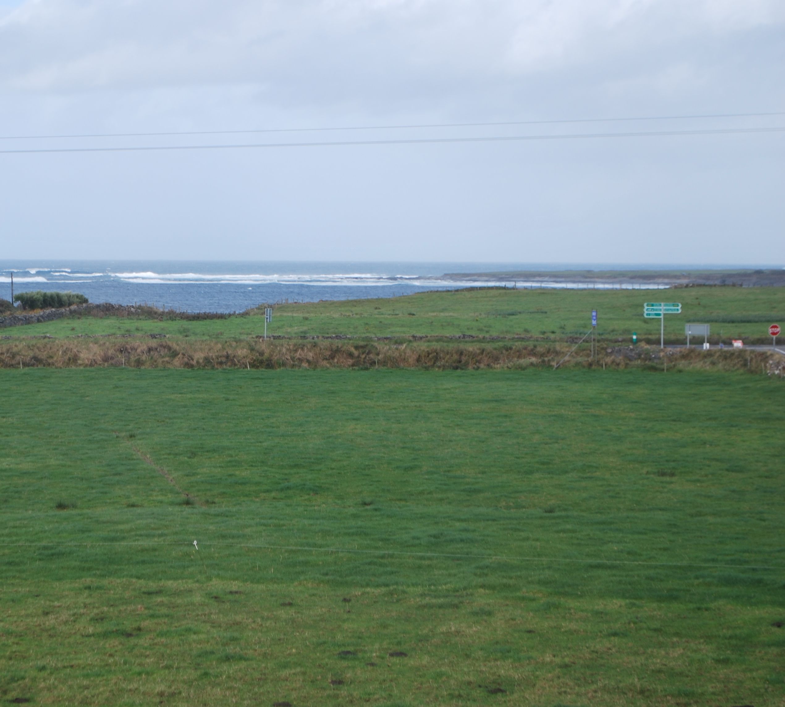 A coastal landscape with a grassy field, a road with directional signs, and the ocean in the background.
