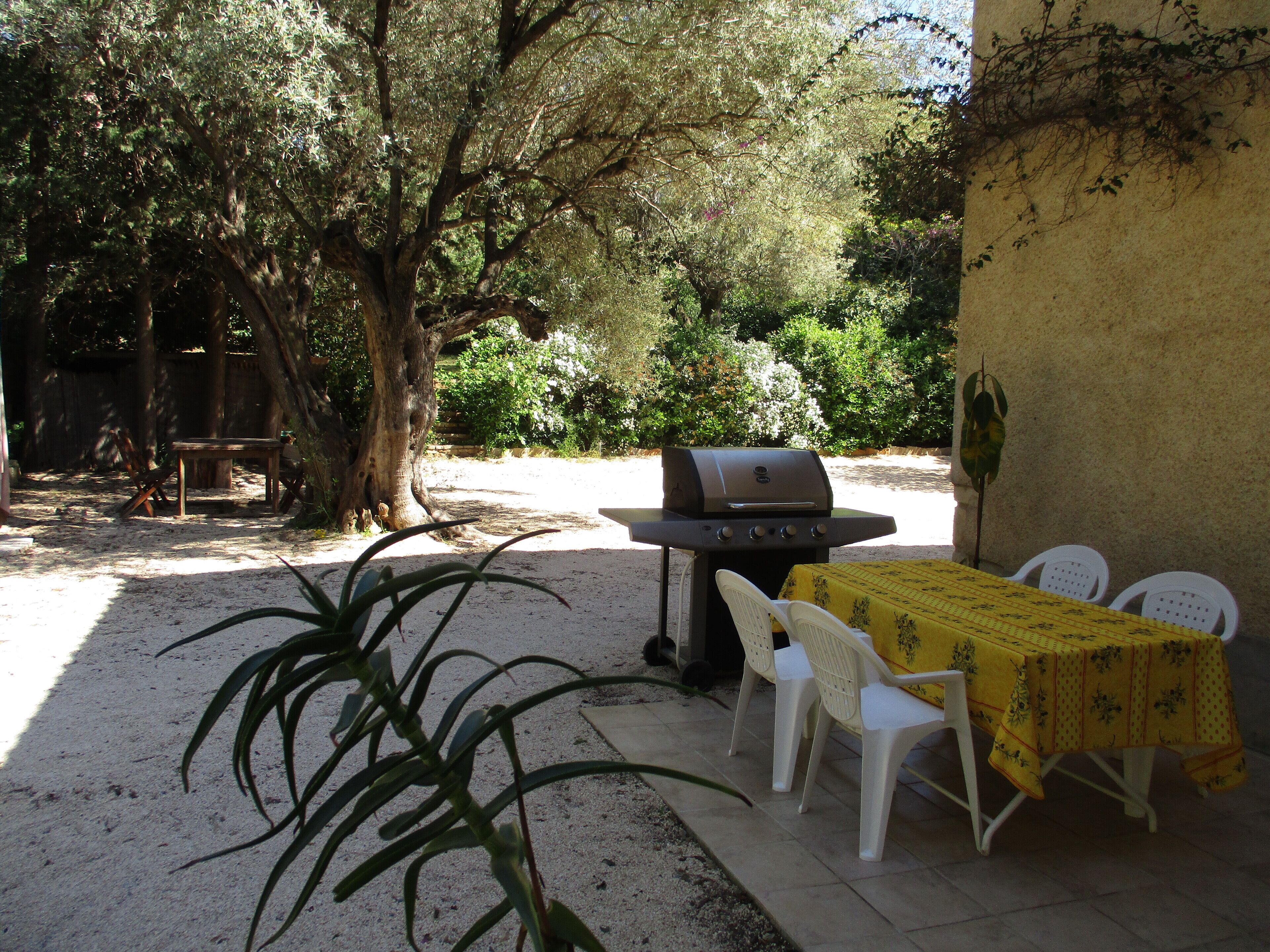 An outdoor patio with a grill, white plastic chairs, and a table covered with a yellow tablecloth.