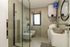 Shower, hair dryer, towels