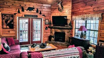 Smart TV, fireplace, video-game console, books