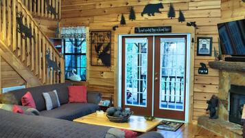 Smart TV, fireplace, video game console, books