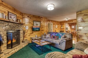 Smart TV, fireplace, DVD player, foosball