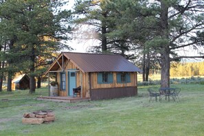 A rustic cabin with a wooden exterior, a metal roof, and a porch with a chair. - Beautiful Mountain Get Away 
at a Historic Old Schoolhouse (Montrose)