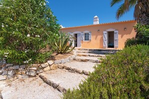 A building with a stone pathway leading to a door with white shutters, surrounded by greenery and a palm tree.