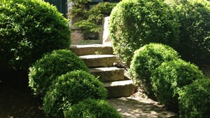 Un escalier en pierre mène à un bâtiment aux volets verts et aux murs en pierre.