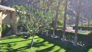 A residential area with a lawn, a parked lawnmower, and a mountain in the background.