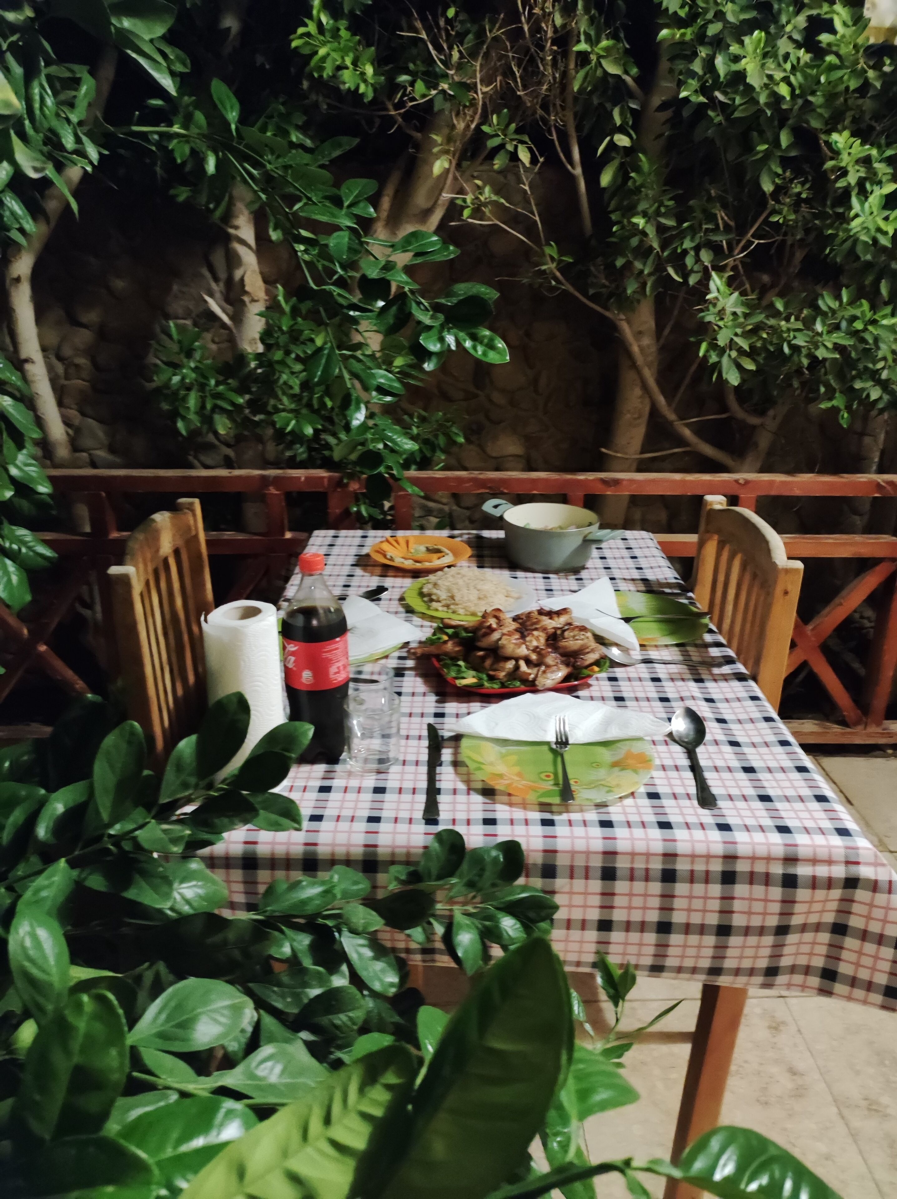A dining table set outdoors with a checkered tablecloth, surrounded by chairs, and various dishes and condiments.