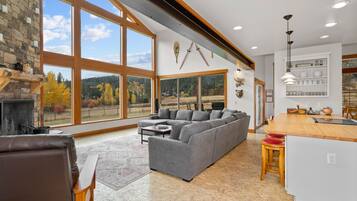 Smart TV, fireplace, DVD player, books
