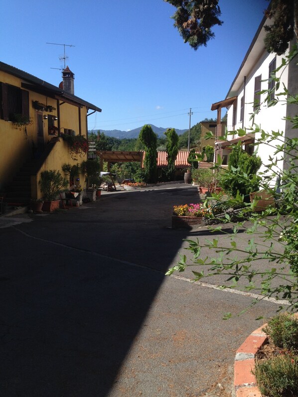 A street view with a yellow building on the left and a white building on the right, both with visible balconies and potted plants. - Podere la Piana-Cedro (fivizzano)
