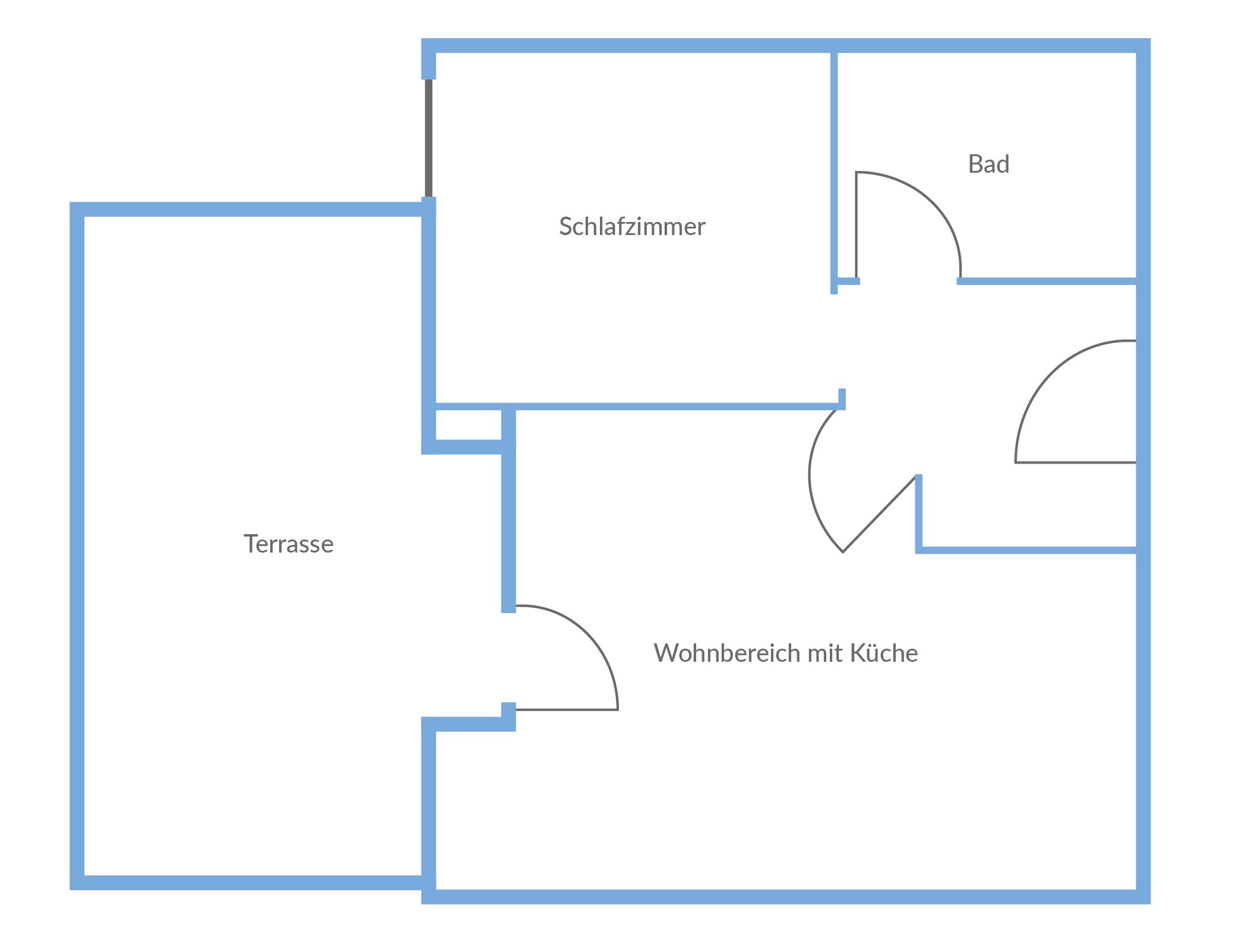 Ein Grundriss mit Terrasse, Bad, Küchenbereich und Schlafzimmer.