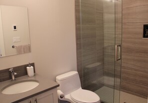 Un baño moderno con cabina de ducha de vidrio, un lavamanos y un inodoro.