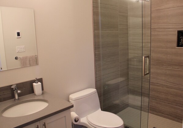 A modern bathroom with a glass shower enclosure, a sink, and a toilet. - Coastal Retreat on the Sunshine Coast BC (Sechelt)
