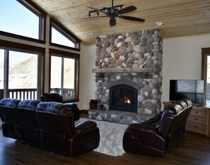 Smart TV, fireplace, DVD player, books