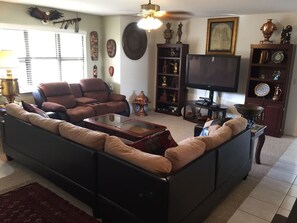 TV, video games, DVD player, video library