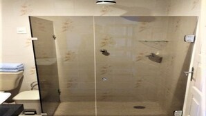 A walk-in shower with a glass door, a toilet, and a sink. - Casa Maceio Shopping (Maceió)