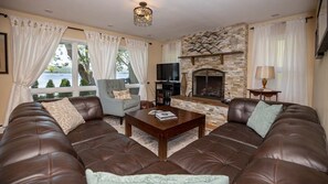 TV, fireplace, foosball