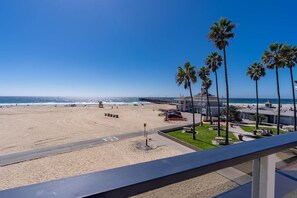 A beach with palm trees, a pier, and a building with a clock tower.