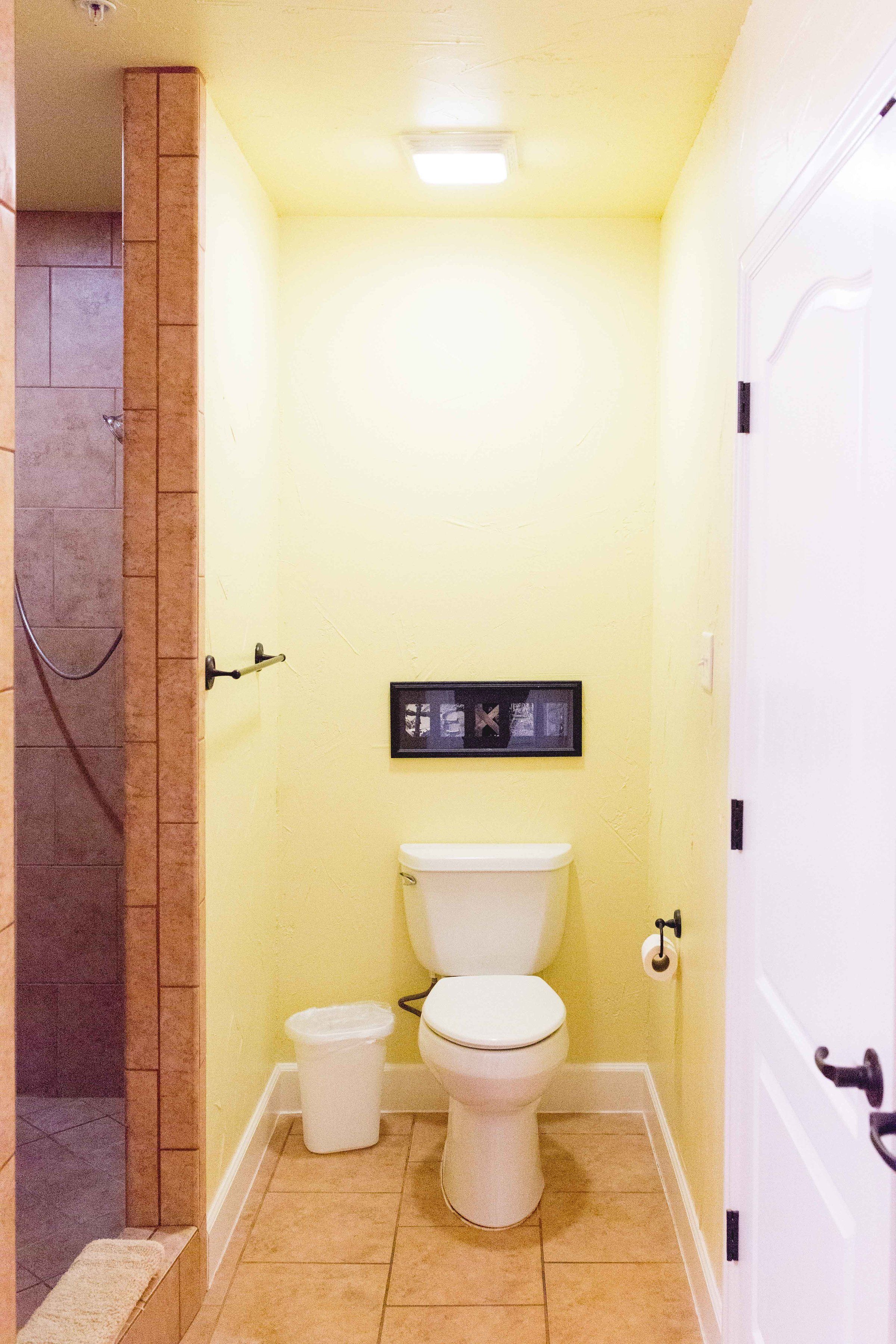 A small, narrow bathroom with a toilet, a trash bin, and a shower area.
