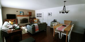 Smart TV, fireplace, books