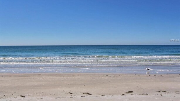 A beach with a clear sky and calm sea.