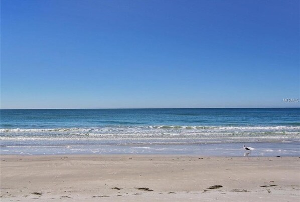 En la playa, camastros y toallas de playa 