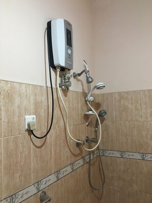 Shower, rainfall showerhead, bathrobes, toilet paper