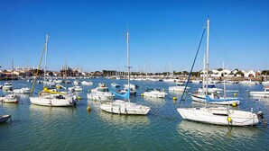 Ein Yachthafen mit zahlreichen vertäuten Booten, ruhigem Wasser und blauem Himmel.