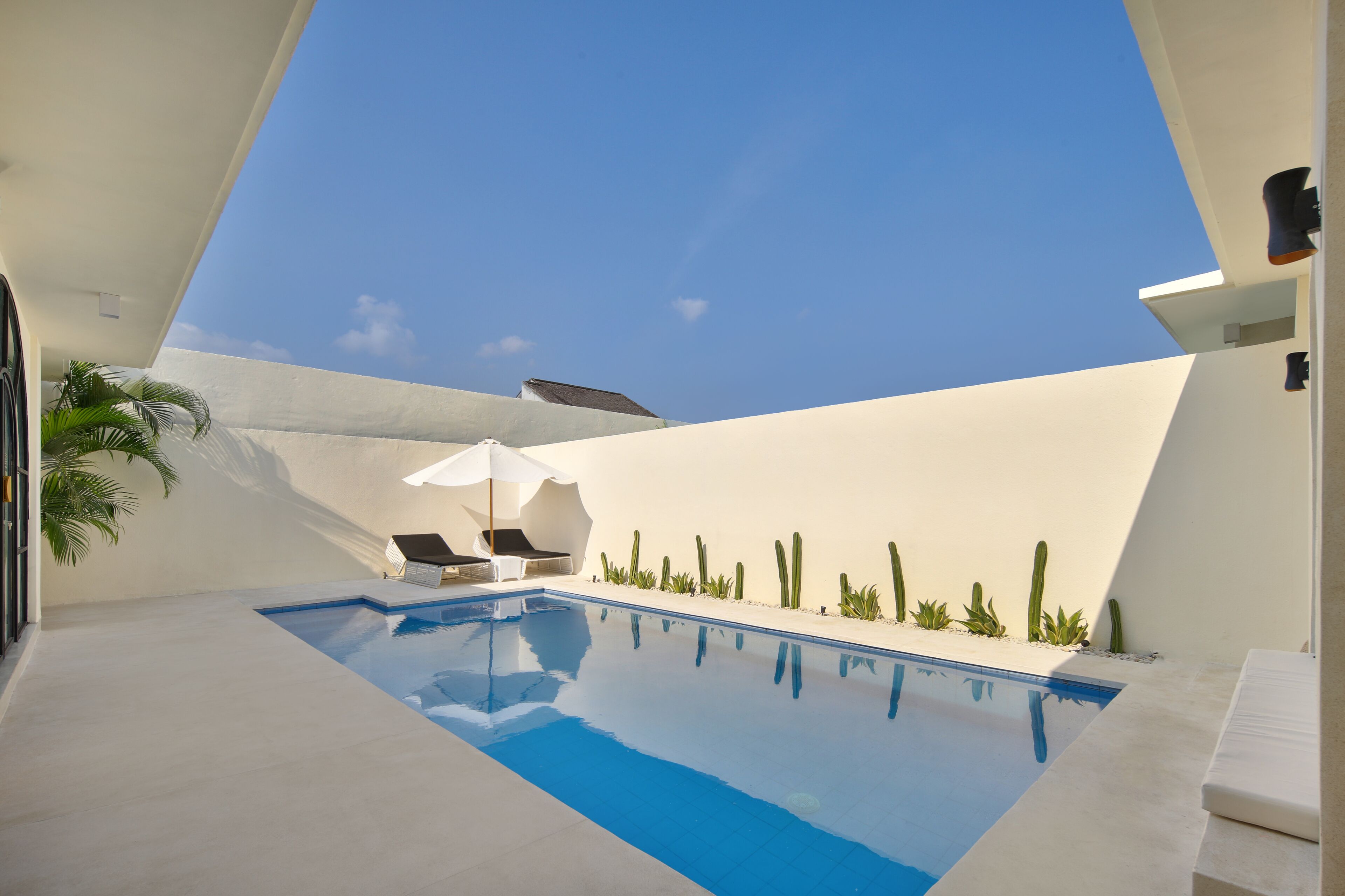 Outdoor pool, pool umbrellas, pool loungers