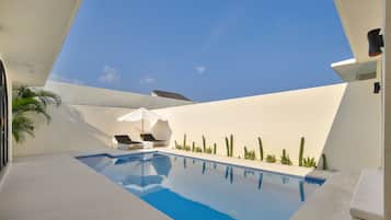 Outdoor pool, pool umbrellas, pool loungers