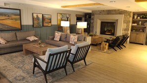 Tv, eldstad och ett bordtennisbord