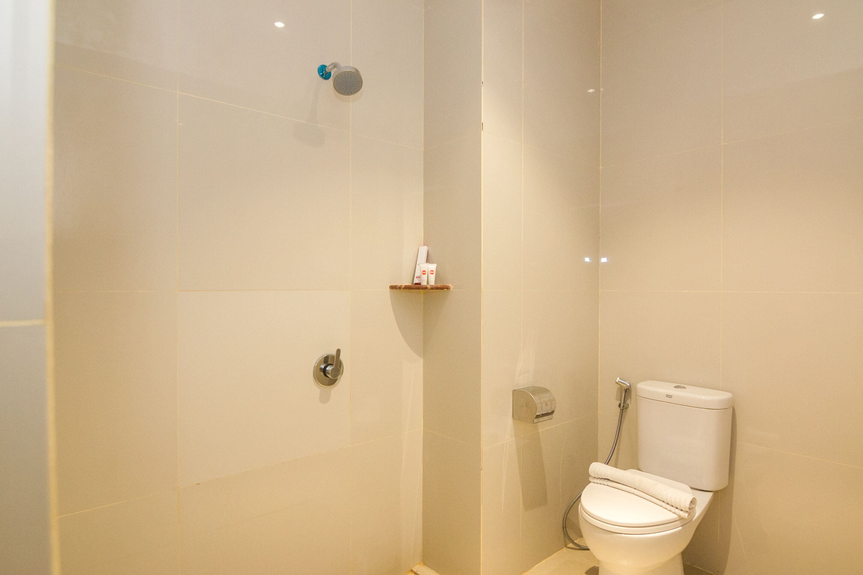 Un baño moderno con ducha, inodoro y un pequeño estante con artículos de aseo.