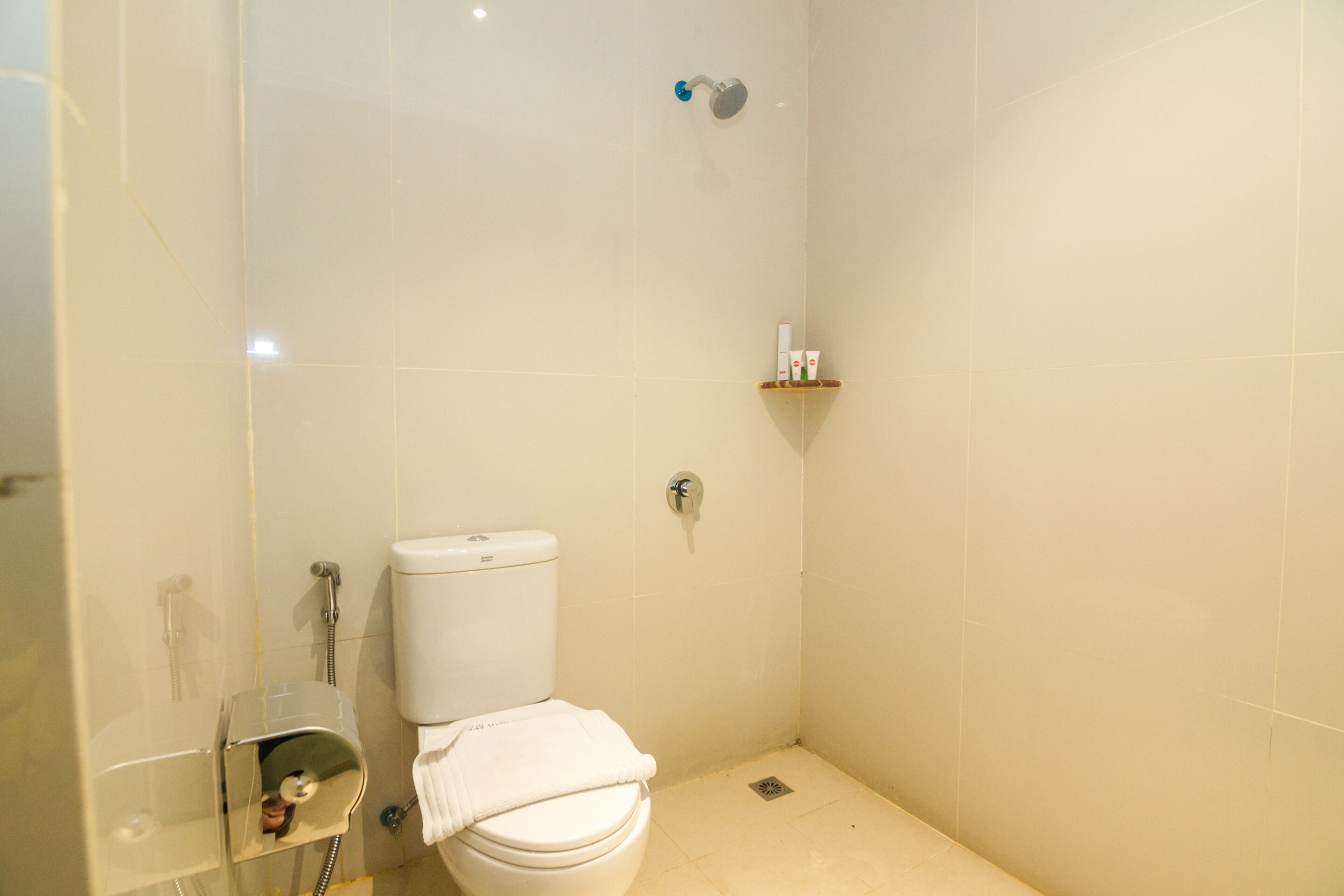 A small, clean bathroom with a toilet, shower, and a shelf with toiletries.