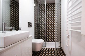 Shower, hair dryer, towels, toilet paper