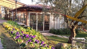 A garden area with a pergola, a stone pathway, and a variety of flowers. - Agriturismo Le Tese (Lazise)