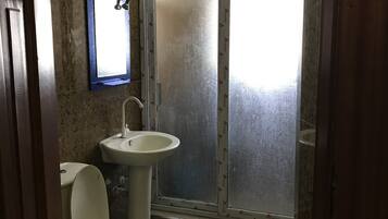A bathroom with a toilet, sink, and shower enclosure.