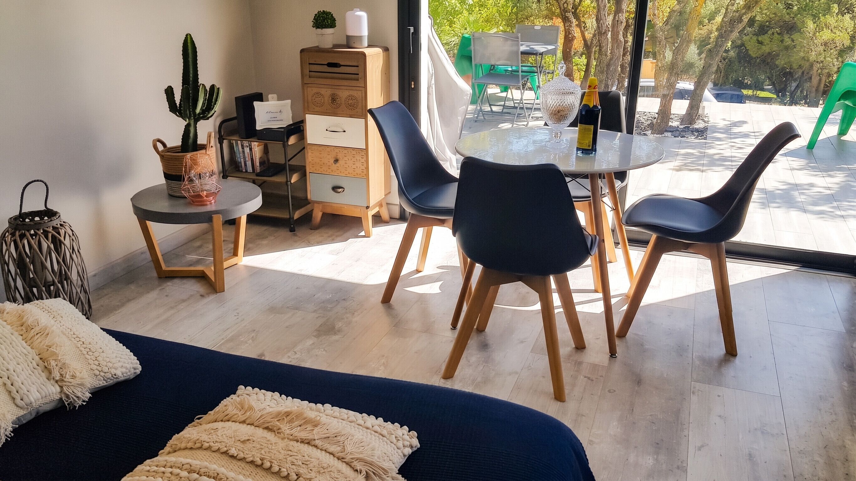 Un espace de vie moderne comprenant un coin repas, un cactus, un meuble en bois et une vue sur l’extérieur.