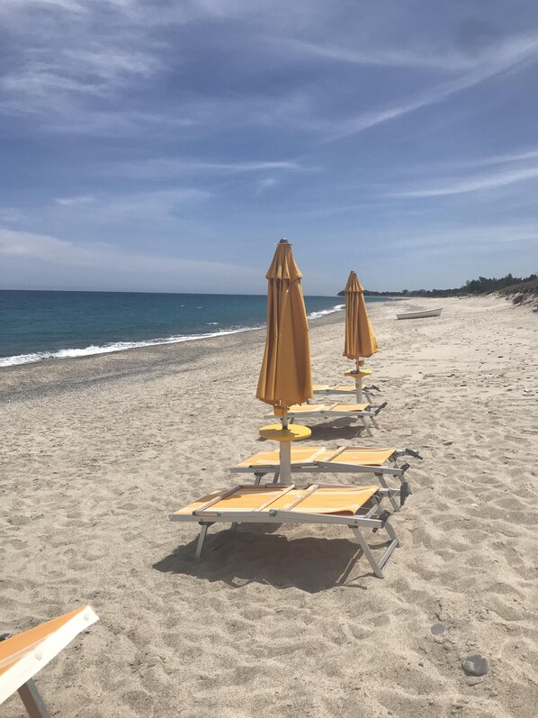 Plage à proximité, chaises longues, serviettes de plage