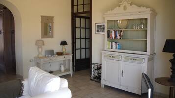 TV, caminetto, lettore DVD, libri