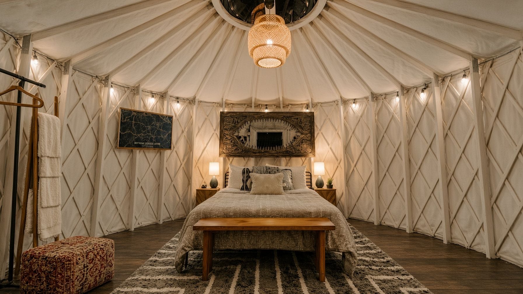 A tented room with a bed, bedside lamps, a hanging light fixture, and a framed artwork on the wall.