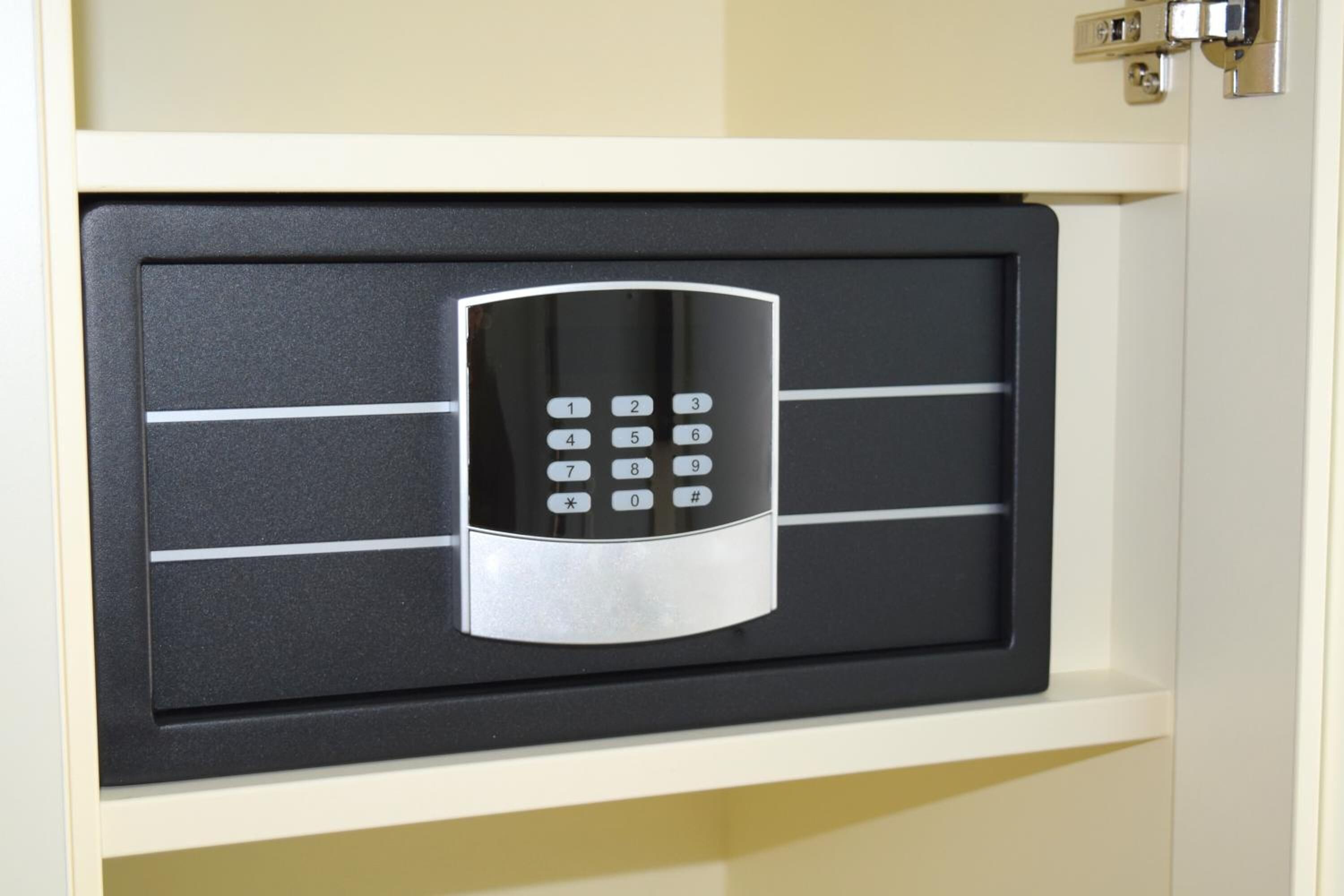 A safe with a keypad lock.
