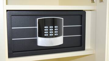 A safe with a keypad lock.