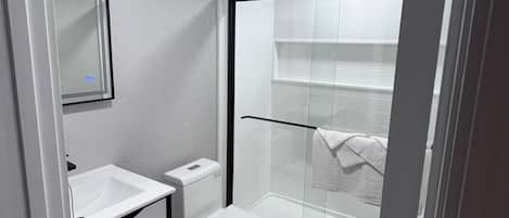Ensemble baignoire-douche, séchoir à cheveux, serviettes fournies