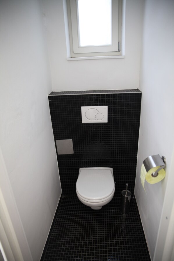 A small, narrow bathroom with a white toilet, a black tiled wall, and a window above the toilet.