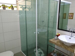 Hair dryer, towels, soap, shampoo