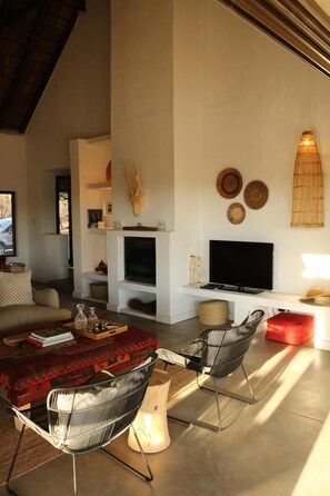 Télévision, cheminée, livres