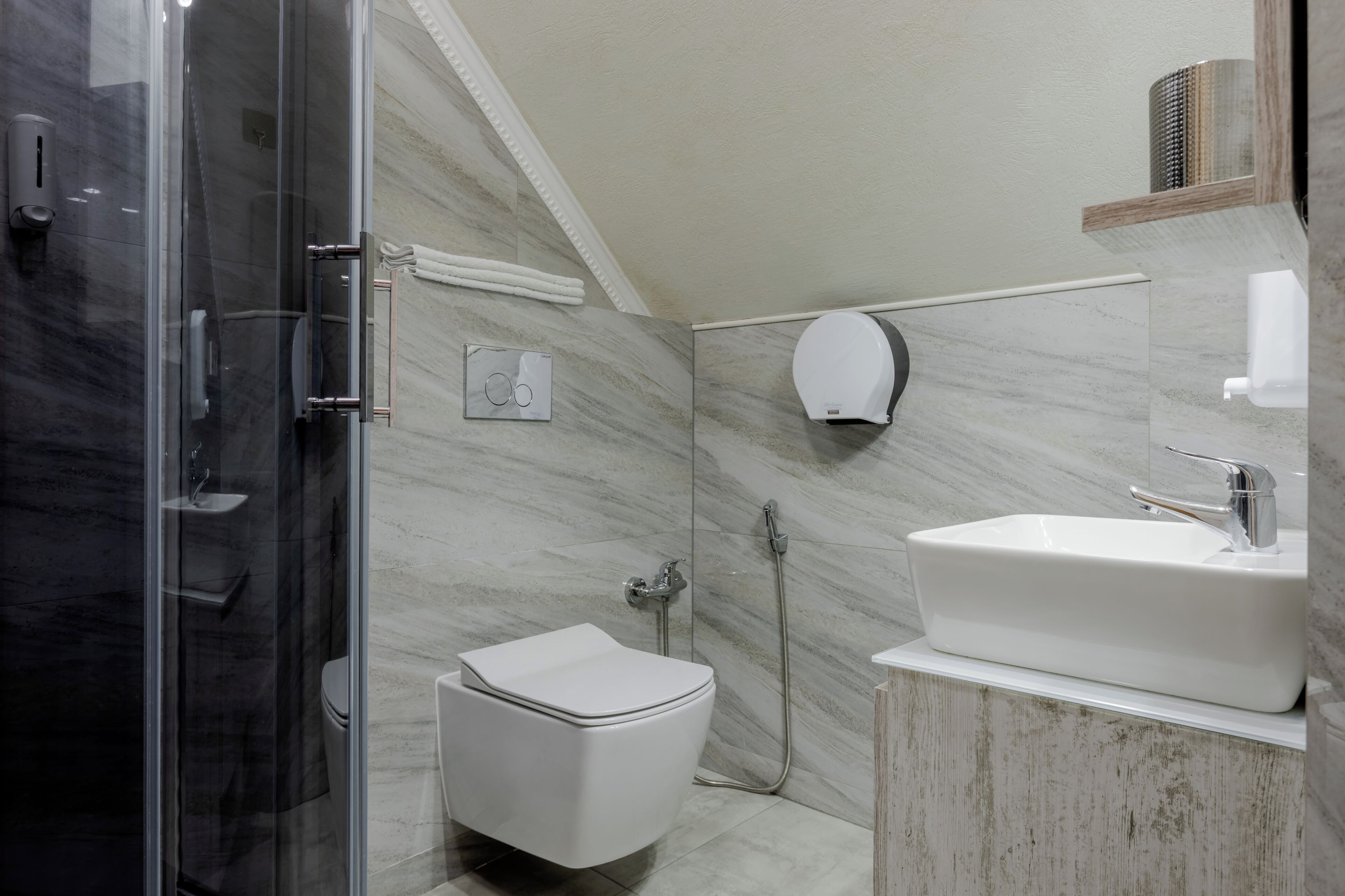 A modern bathroom with a glass-enclosed shower, a toilet, and a sink.