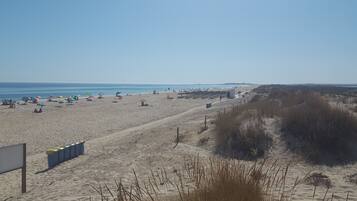 On the beach, sun-loungers