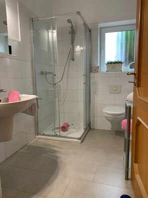 Shower, hair dryer, towels, soap